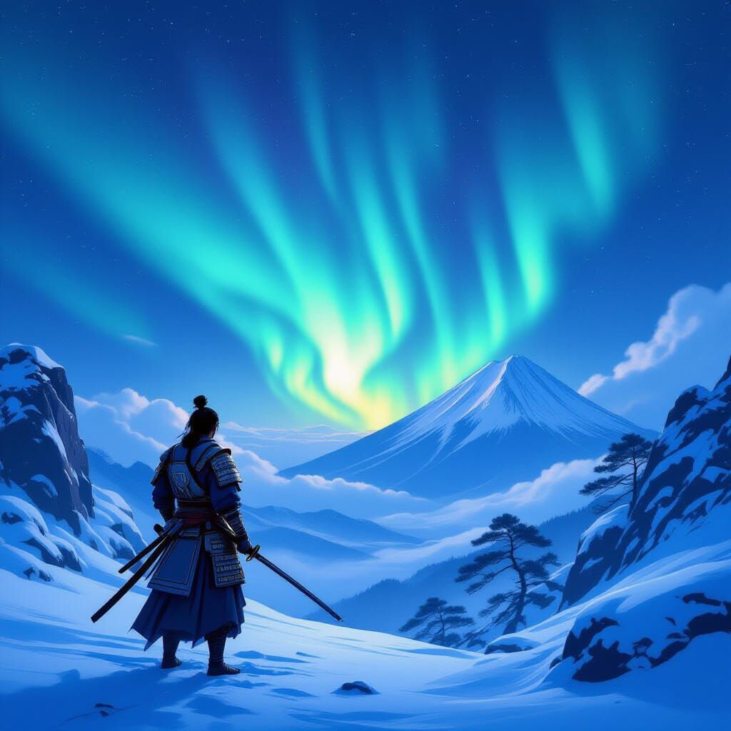 Samurai Warrior Views Aurora on Snowy Peak