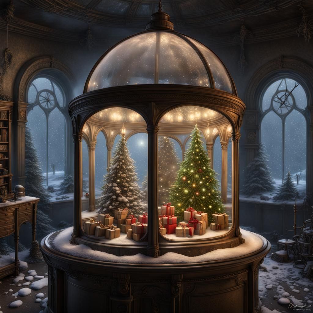 A miniature tabletop a pleasant christmas time canada landscape, snow, trees, christmas shop, glowing under an ornate gl...