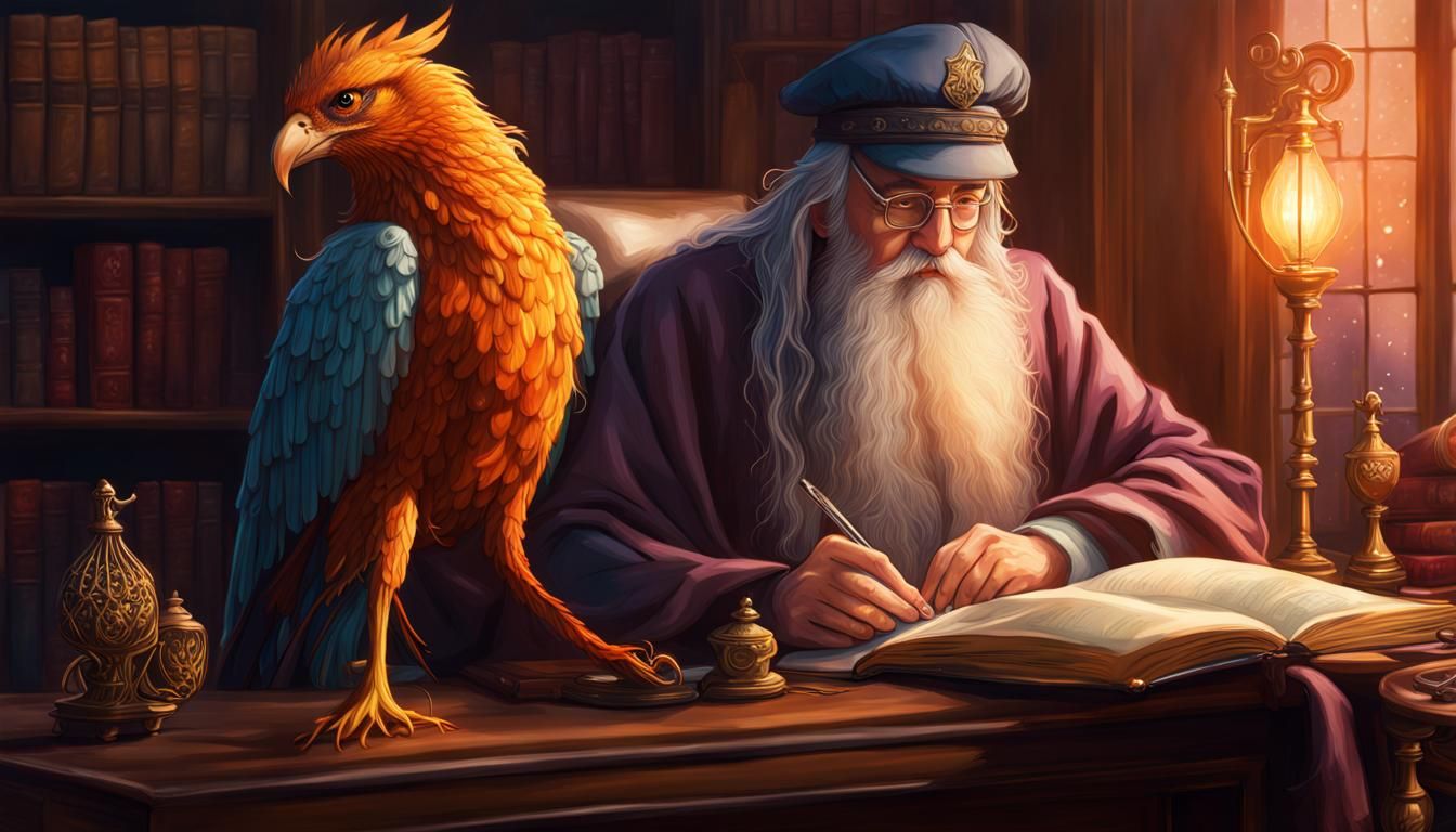 Albus Dumbledore Reading with Fawkes: Hyperrealistic Portrai...