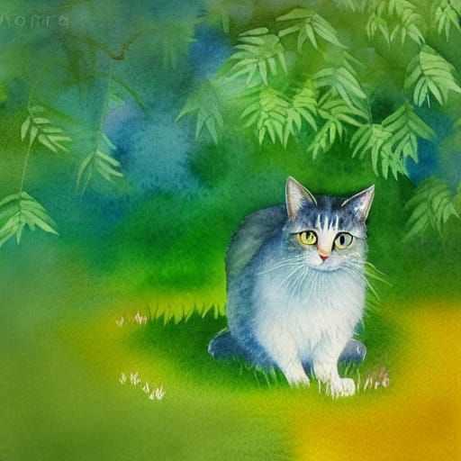 Watercolor style, cat and tree