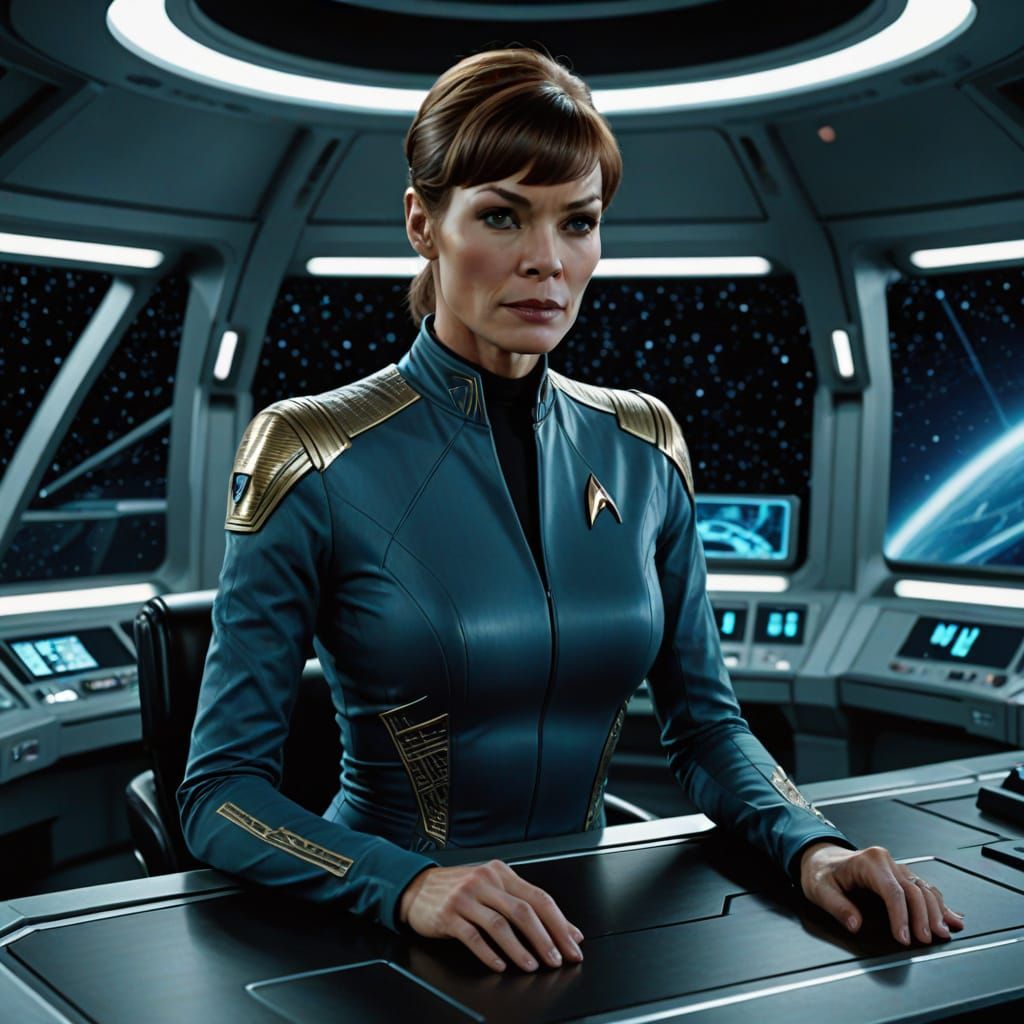 Jolene Blalock as T'Pol the female Vulcan star fleet first officer, short hair, (pointed ears:1.7), looking enigmatic an...