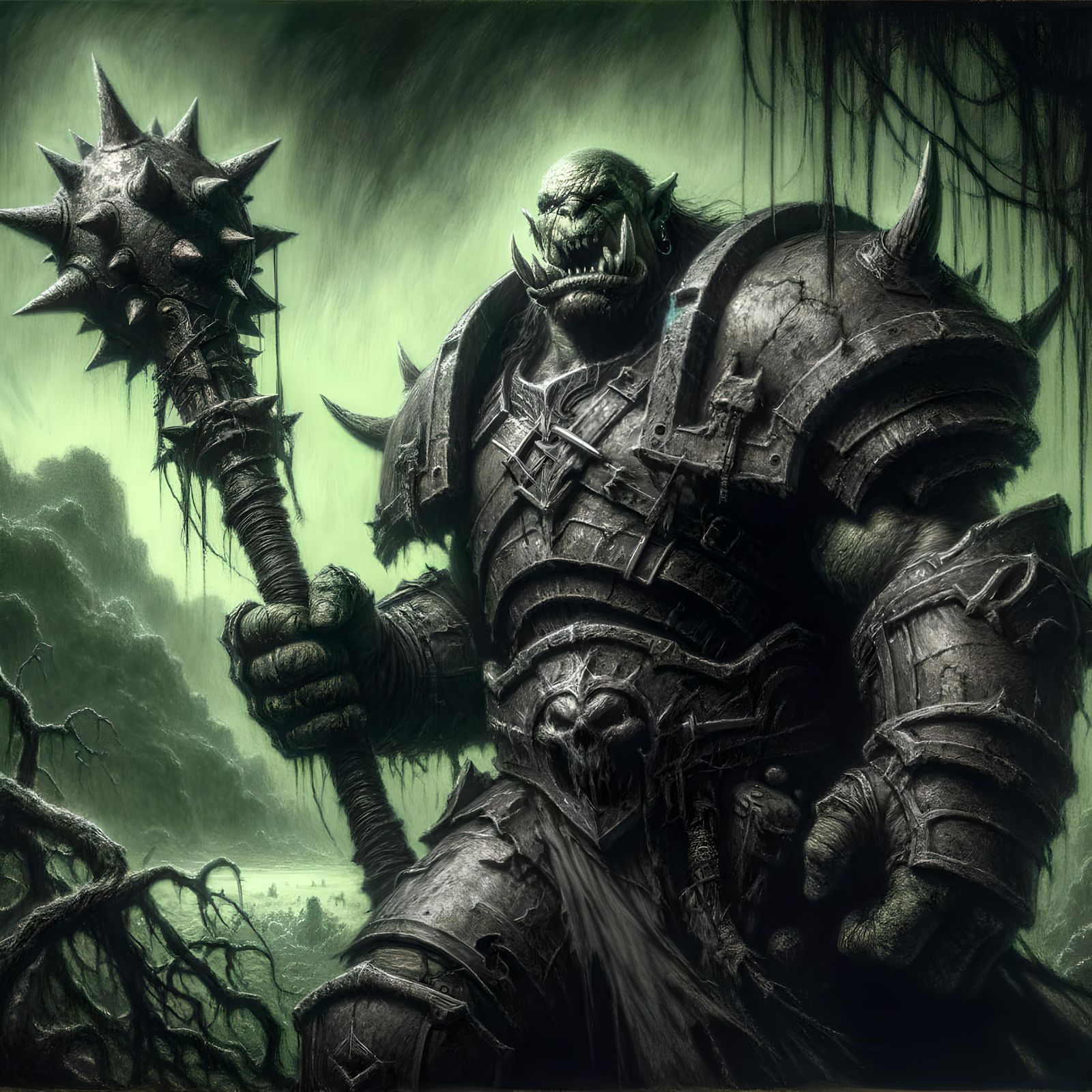 Orc Warchief in Steel Armor, Charcoal Drawing