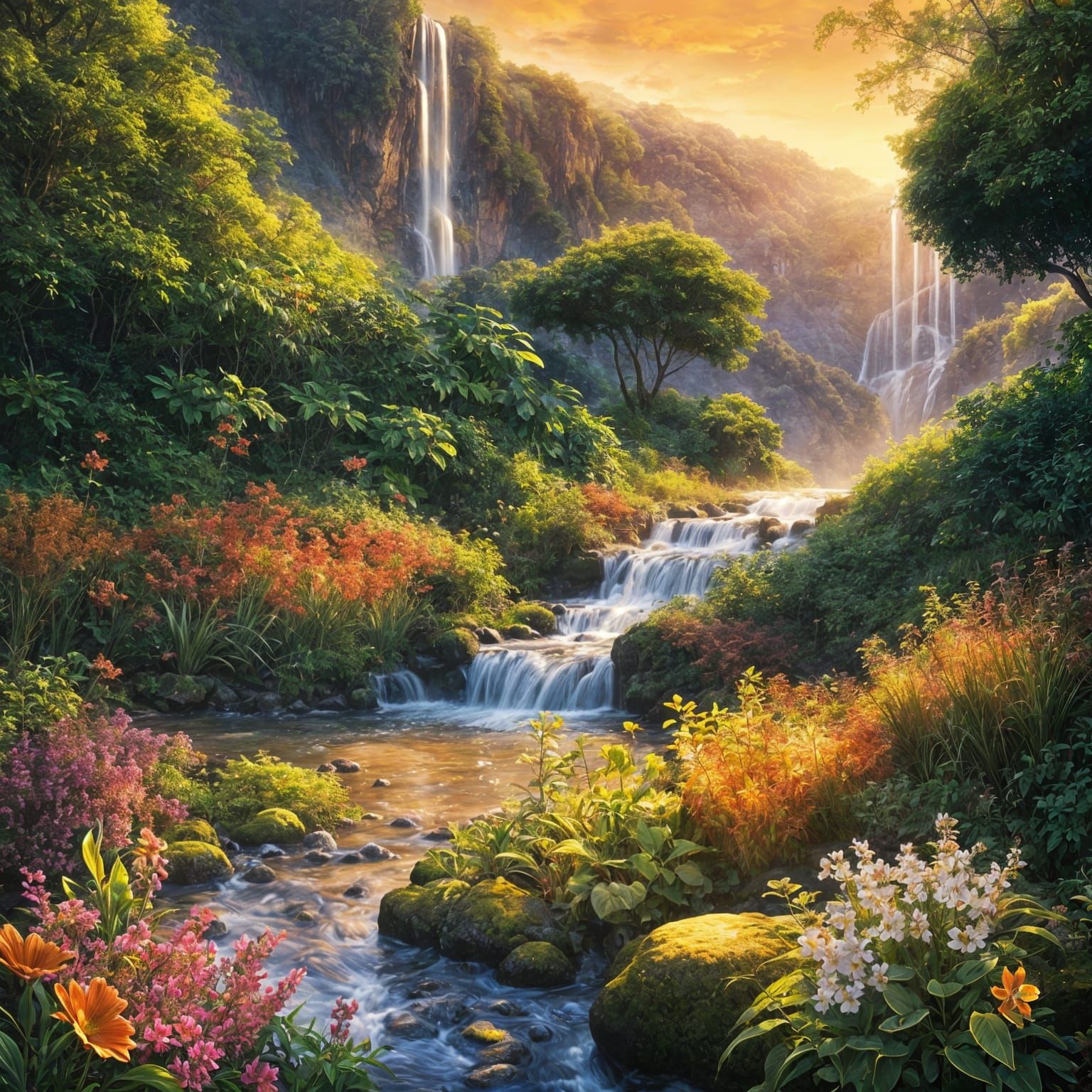 Hidden Waterfall in Golden Hour Nature Landscape Digital Art