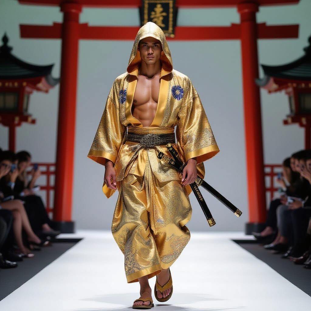 Golden Kimono Runway: Hyperrealistic Digital Art