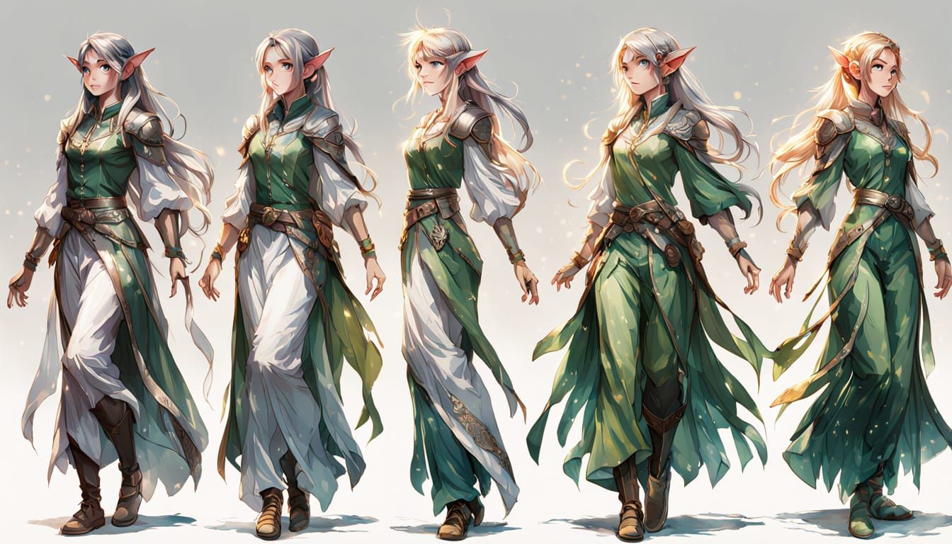 Elf Female Turnaround Sheet: Digital Anime Illustration