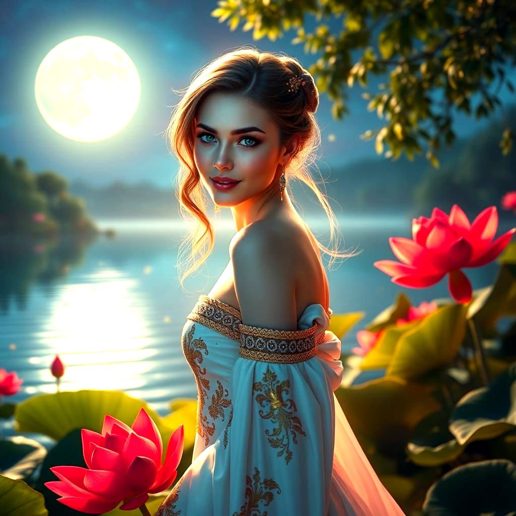 Beautiful Woman in Moonlight with Golden Sparks