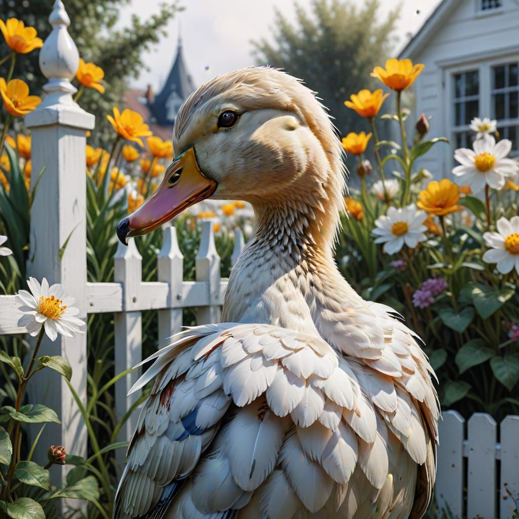 Close up Duck, white fence, garden, flowers, Style Joachim B...