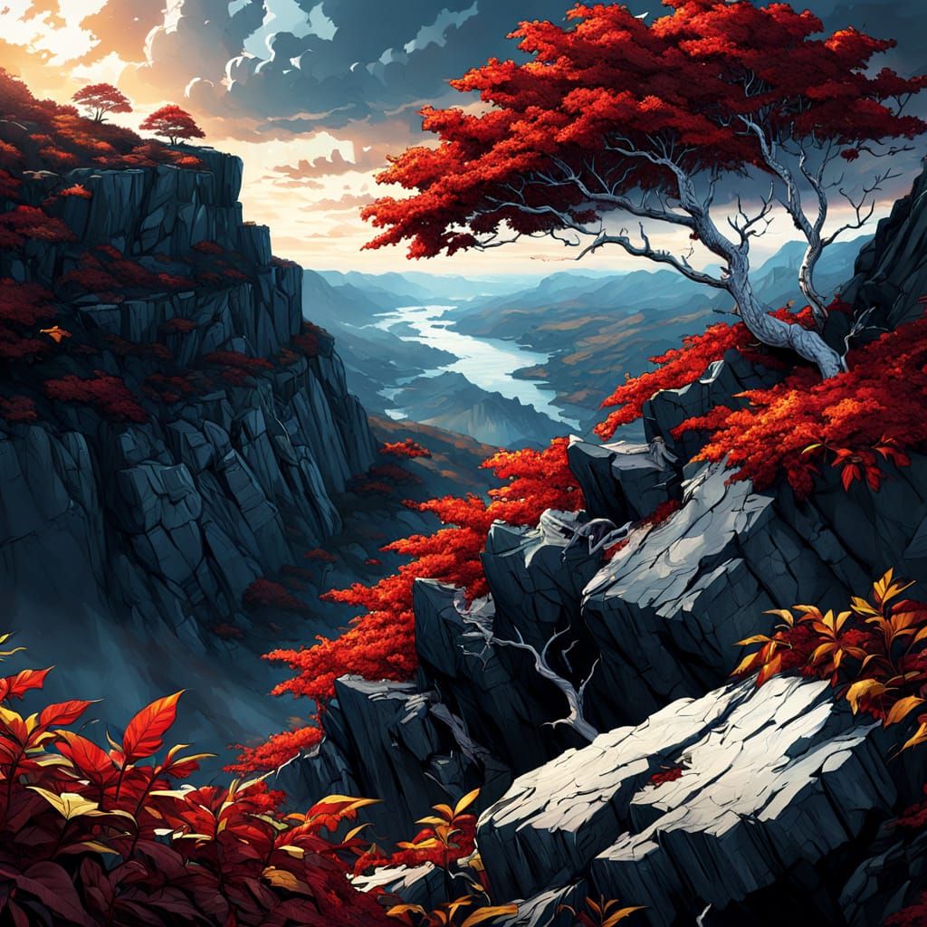 Red Leaf Tree on Cliff in Comic Book Style