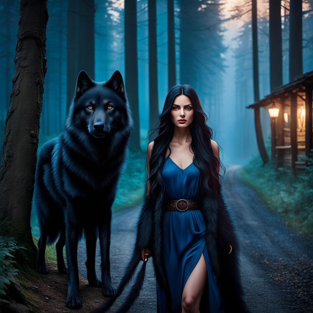 Woman with Wolf in Dark Academia Style