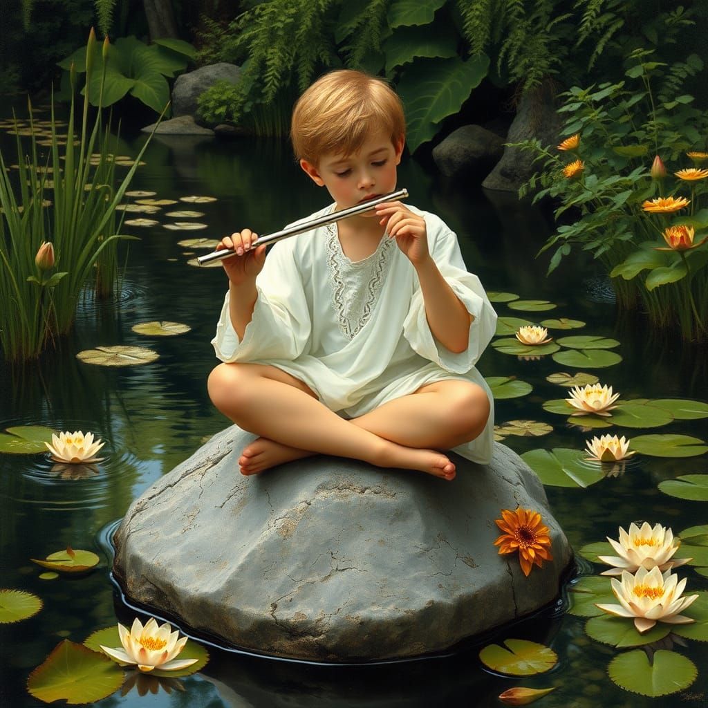 Boy Playing Flute in Klimt-inspired Art Nouveau Style
