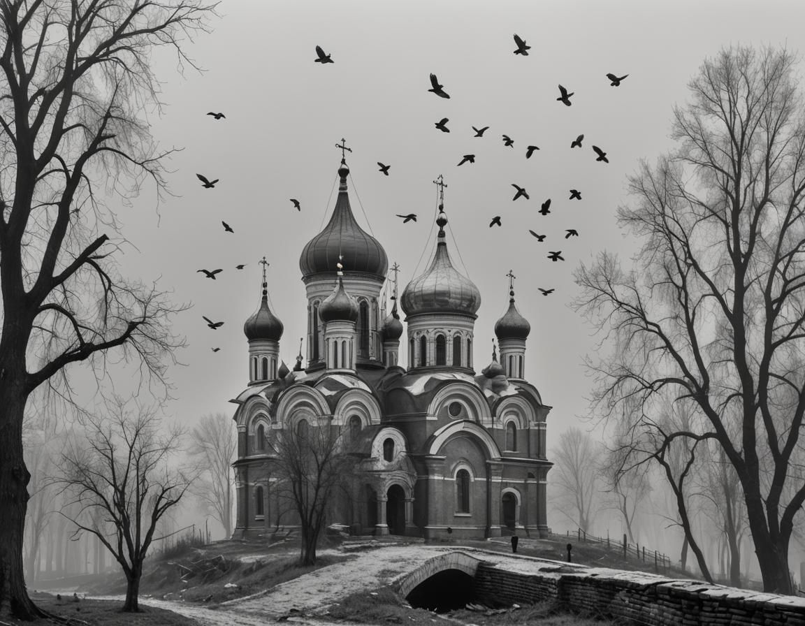 Panoramic View of Russian Orthodox Church in Fog