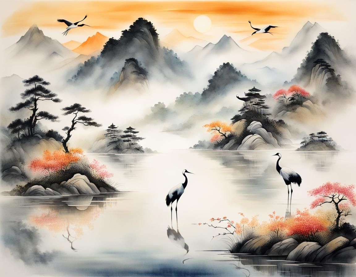 Cranes on Mountain Lake in Ink Painting Style