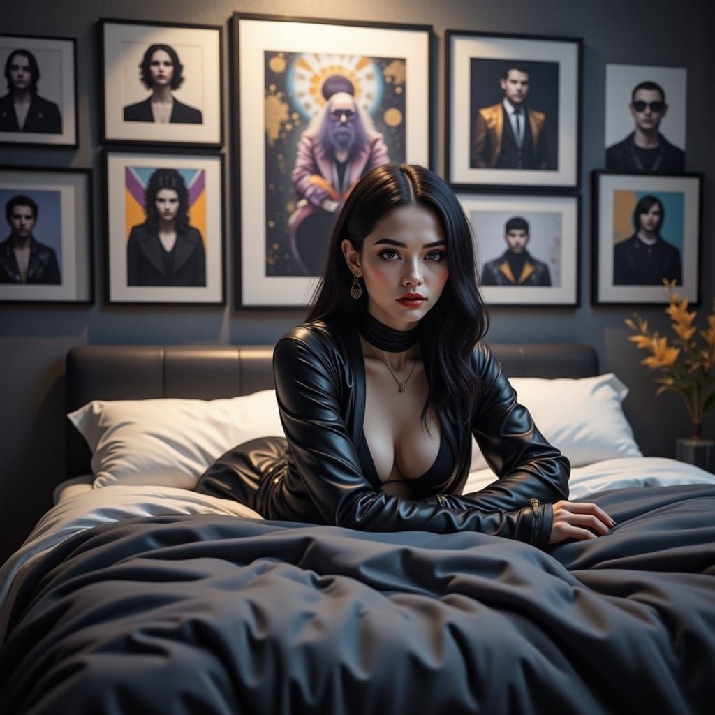 Anime style This image captures a goth girl lying on a bed i...