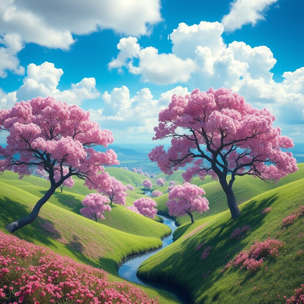 Lush Fantasy Landscape with Blooming Beauty Mimosa Trees