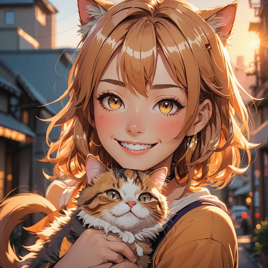 Anime Girl and Cat Portrait in Manga Style