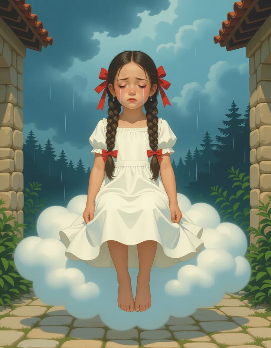 Girl Crying Above a Cloud in Hyperrealistic Style