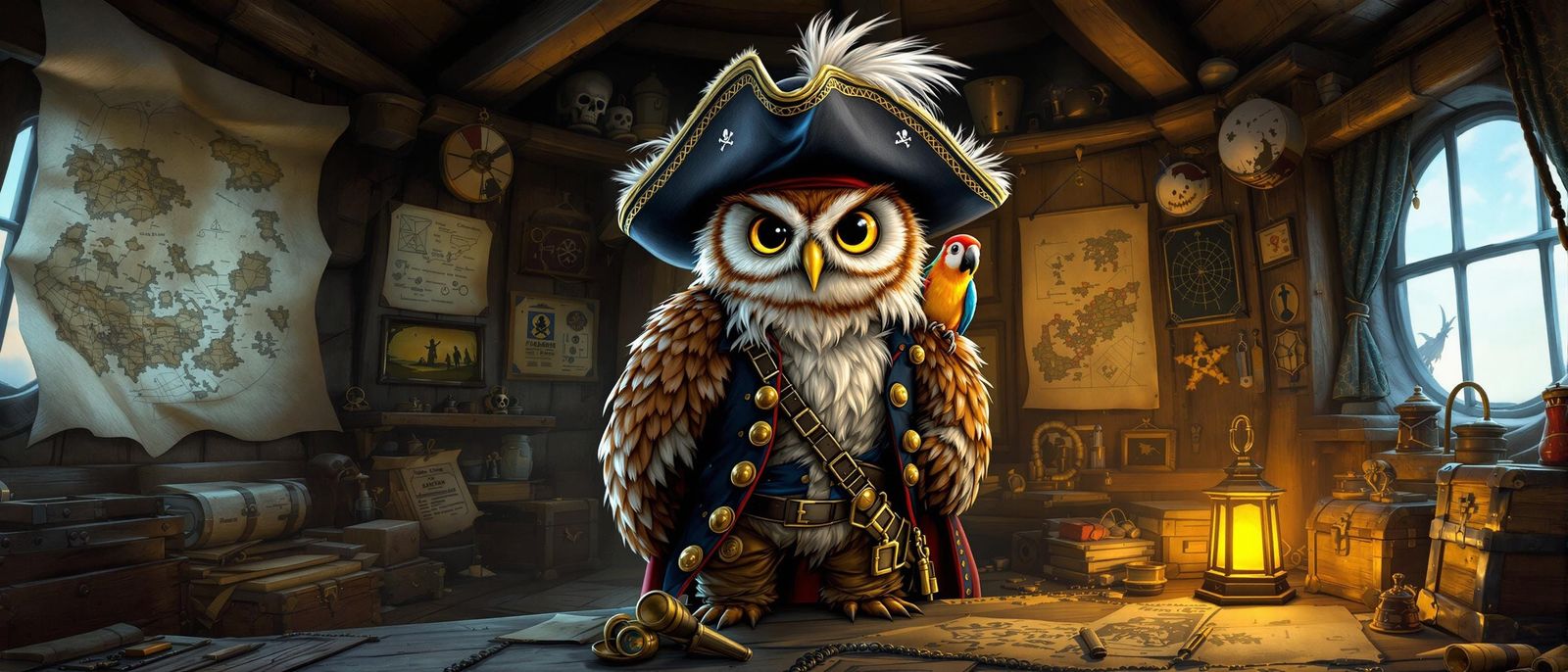Pirate Owl Captain in Quarters, Detailed Illustration