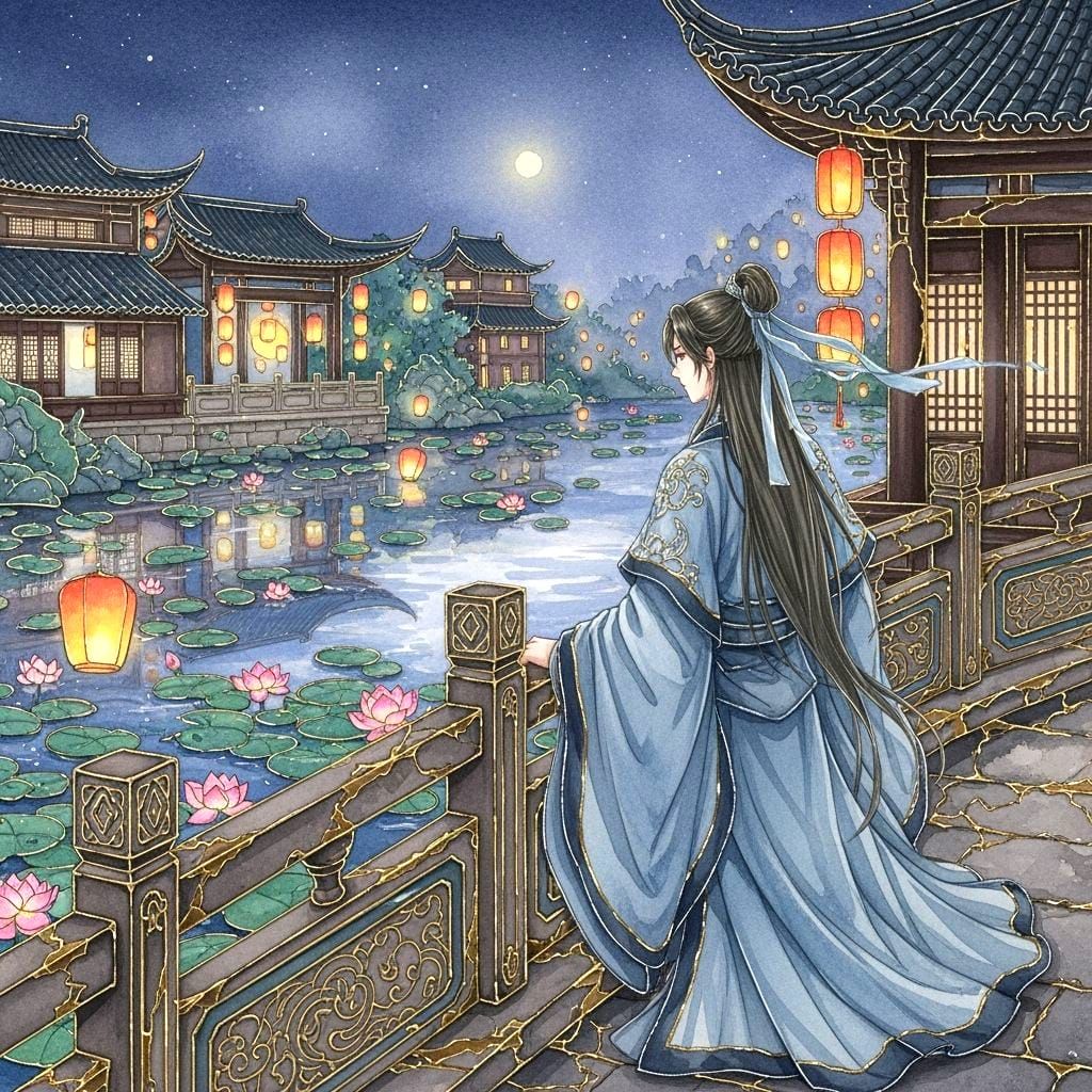 Chinese Town Bridge at Night with Kintsugi Details