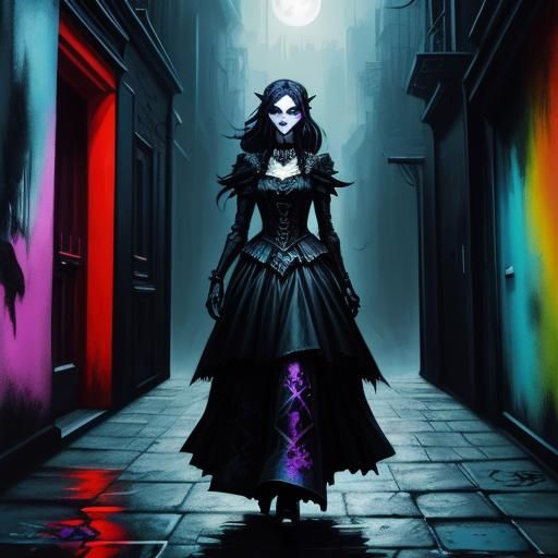Gothic Woman in Moonlit Alley: Graffiti Street Art