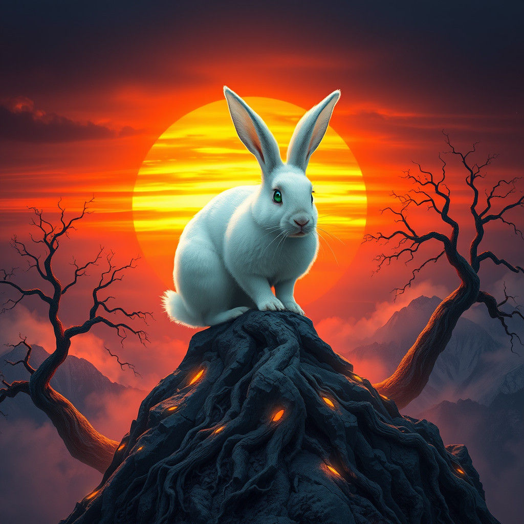 Snow-White Rabbit on Misty Peak in Neon-Noir Style