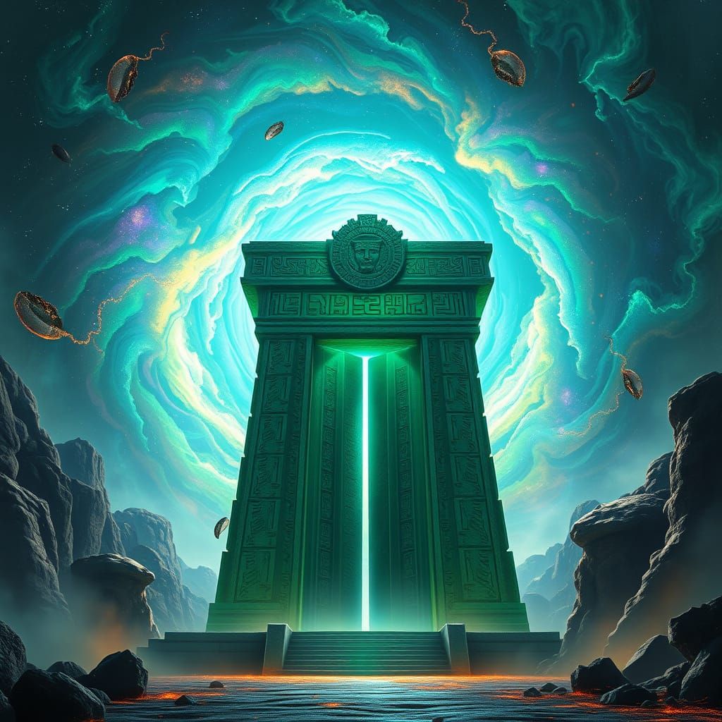 Ancient Obsidian Gate Illuminated by Cosmic Energy