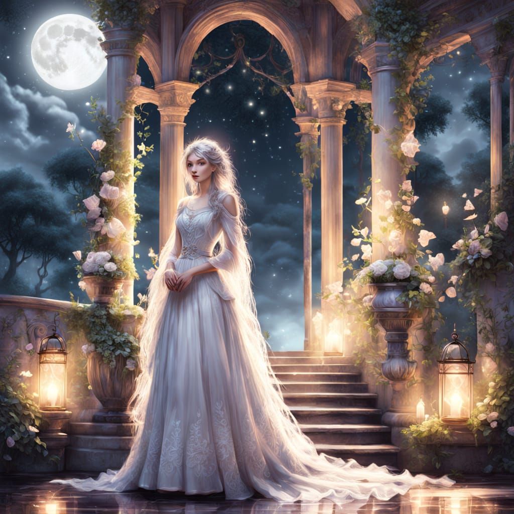 Ethereal Silver-Haired Figure on Balcony in Digital Fantasy ...