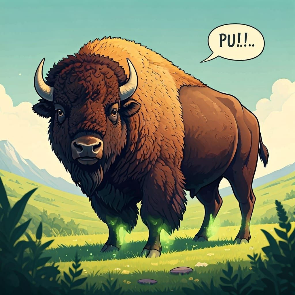 Buffalo's Pungent Meadow: A Whimsical Cartoon Illustration