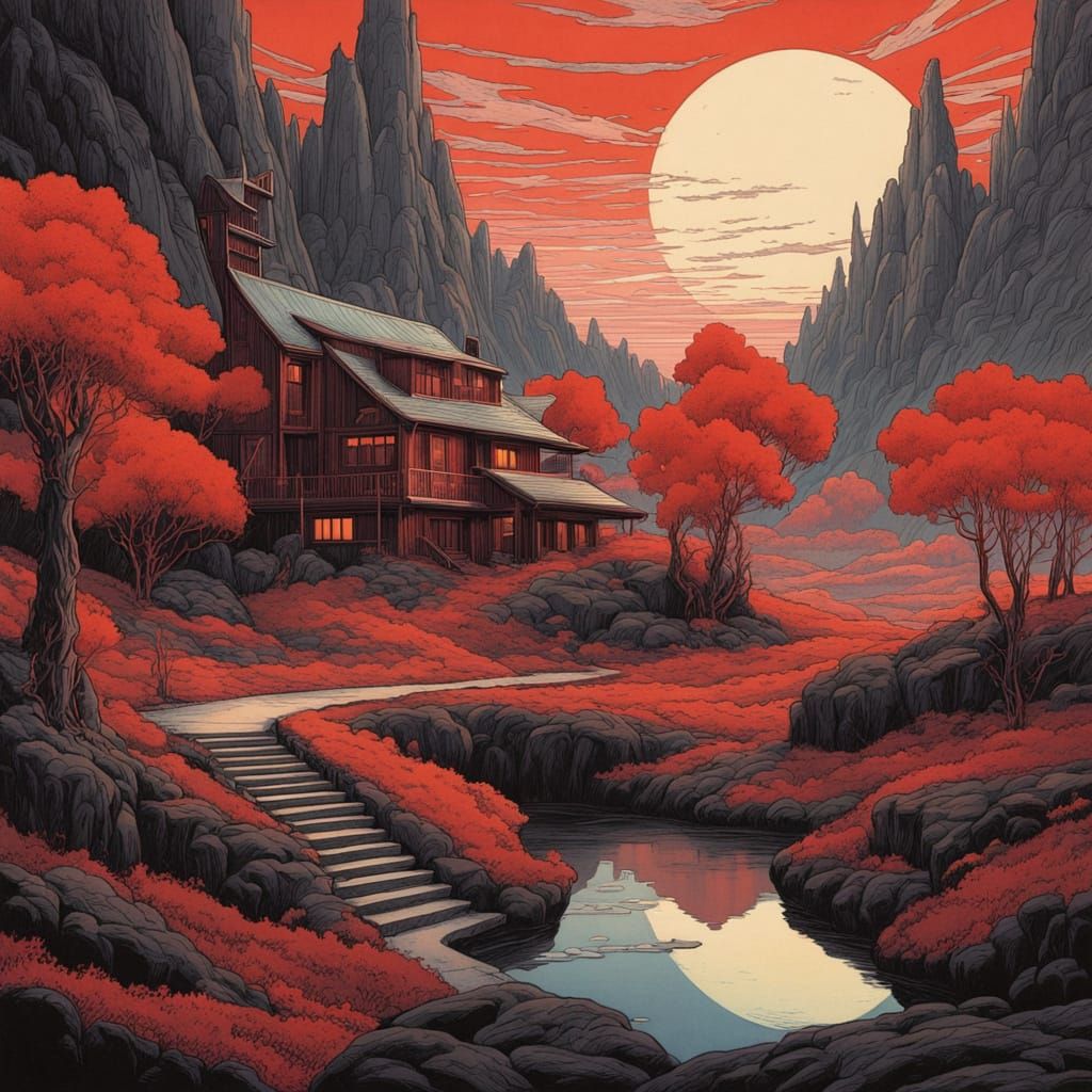 Dreamscape with Lilies in Charcoal, Red, and Gold Ink