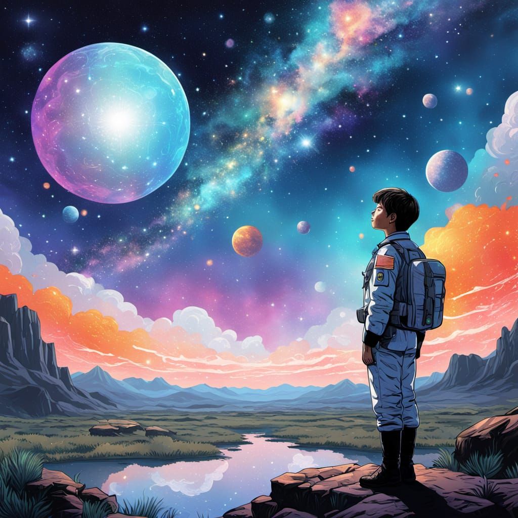 Boy Dreams of Space: Cosmic Mixed Media Illustration