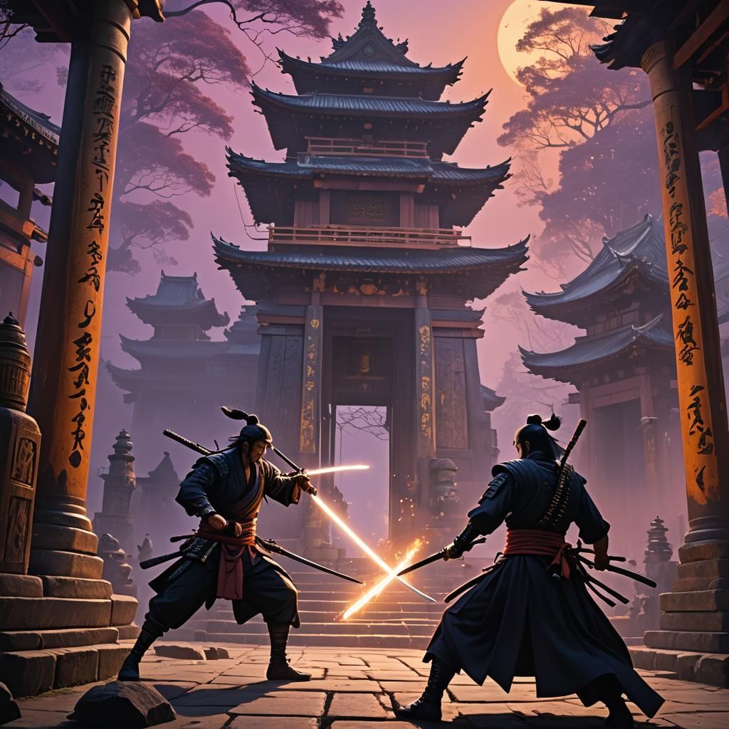 Epic Samurai Duel in Ancient Temple: Fantasy Concept Art