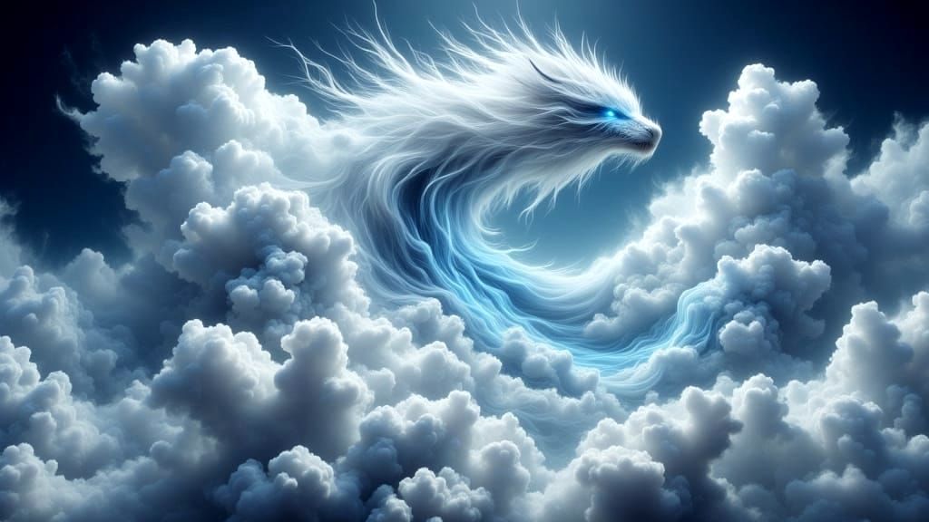 Ethereal White Dragon Takes Flight in Celestial Cloud Cluste...