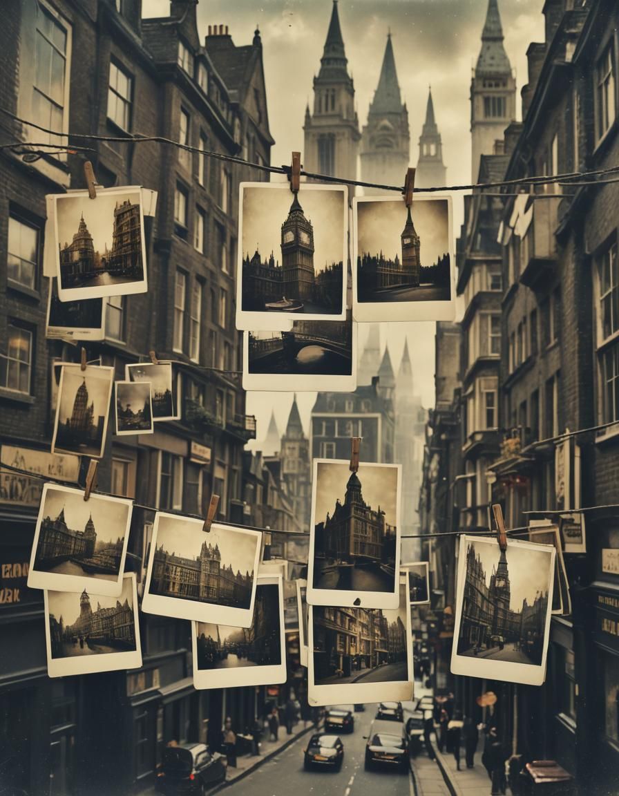 Old London Scene in Vintage Polaroid Style