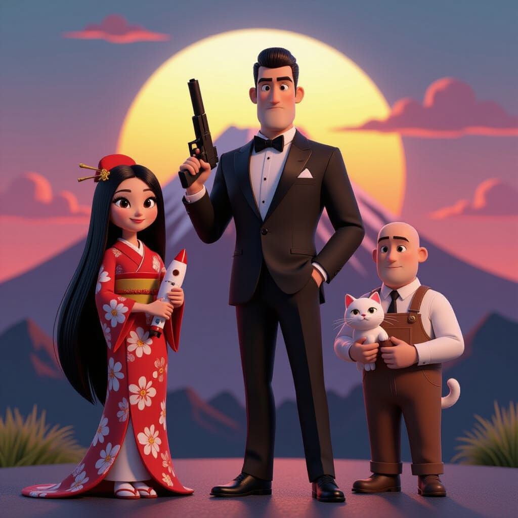 Sunset Volcano Scene: Spy, Woman, and Bald Man