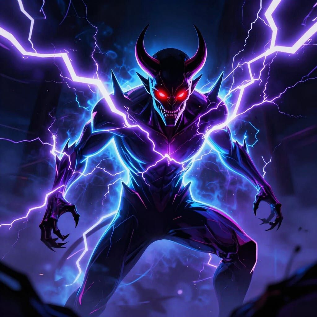 Demon with Neon Lightning in Cyberpunk Style