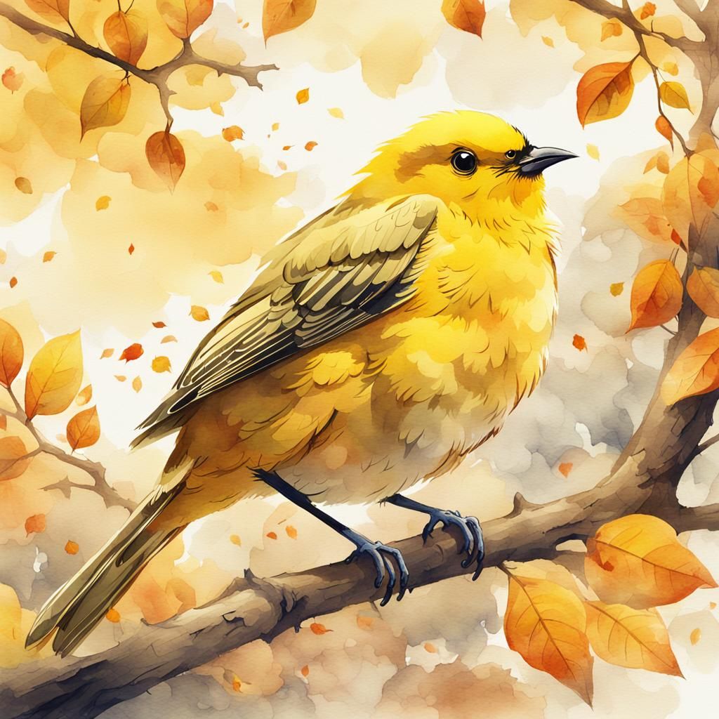 Cute Yellow Bird in Autumnal Watercolour Painting