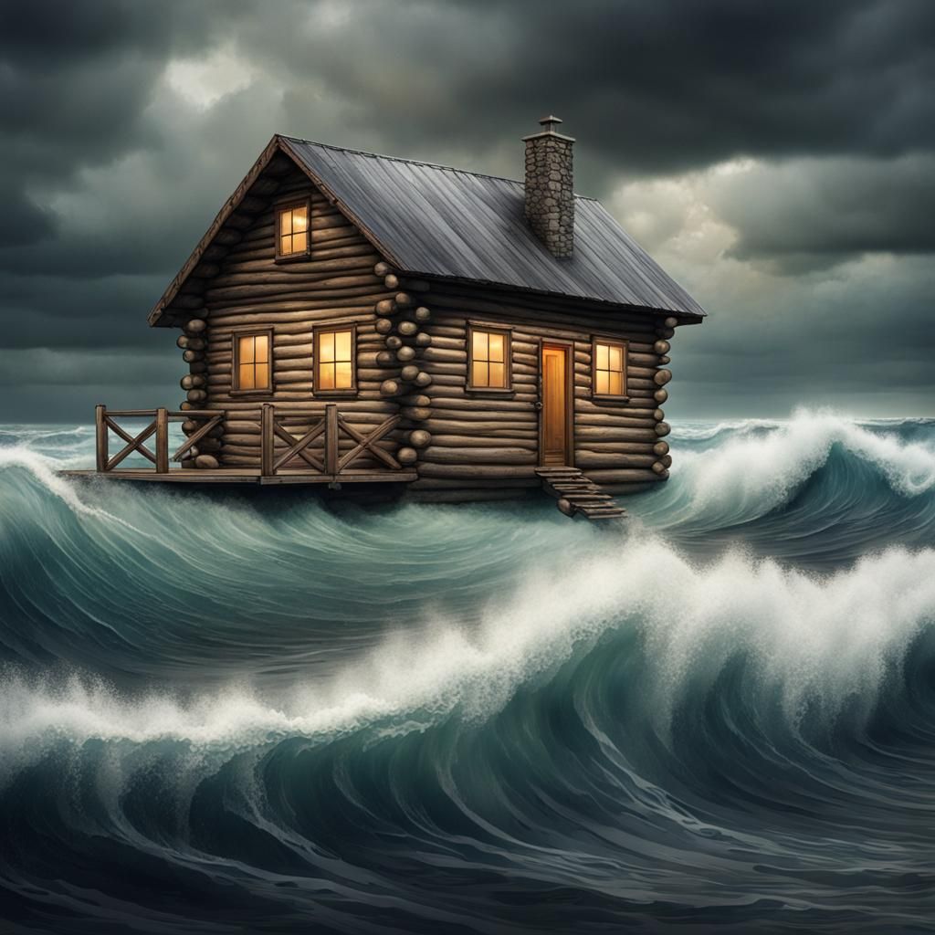 Log cabin floating atop a wave in a stormy sea.