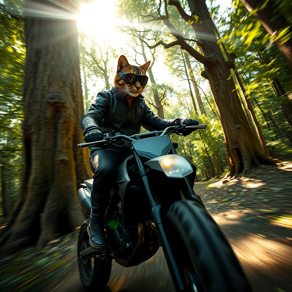 Cat on Dirt Bike Through Forest, Futuristic Style
