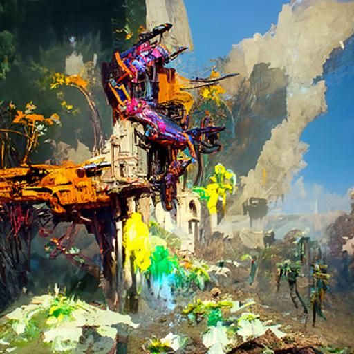 Defense Drone Amidst Alien Ruins, Matte Painting