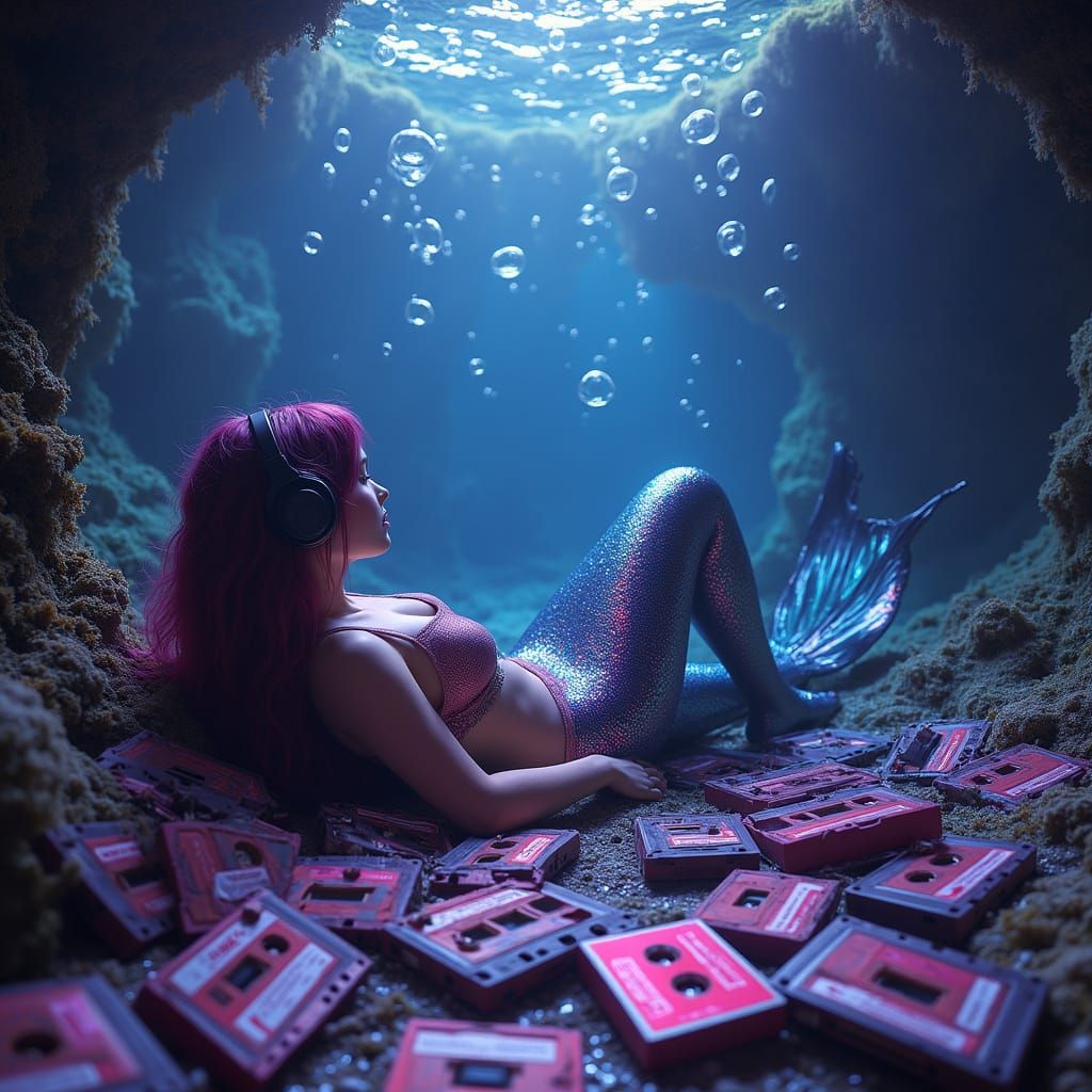 Mermaids in their grottos listening to vaporwave