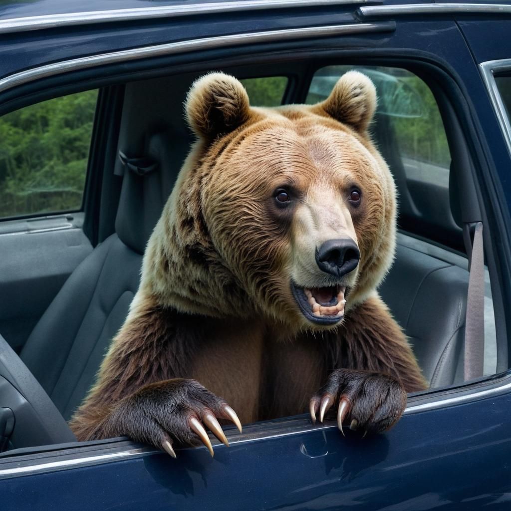 A Scared Bear Sits in a Car