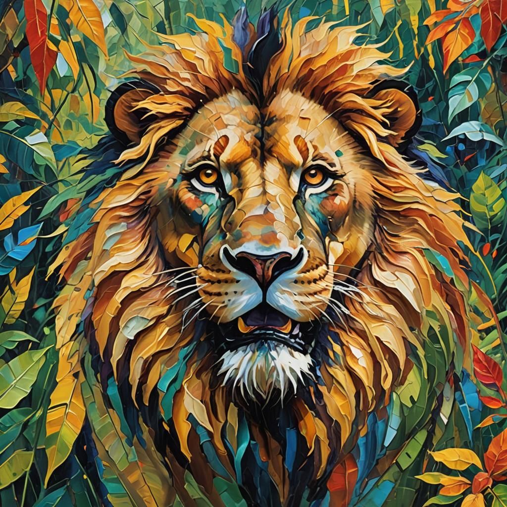 Lion Portrait in Neo-Impressionist Oil Painting Style