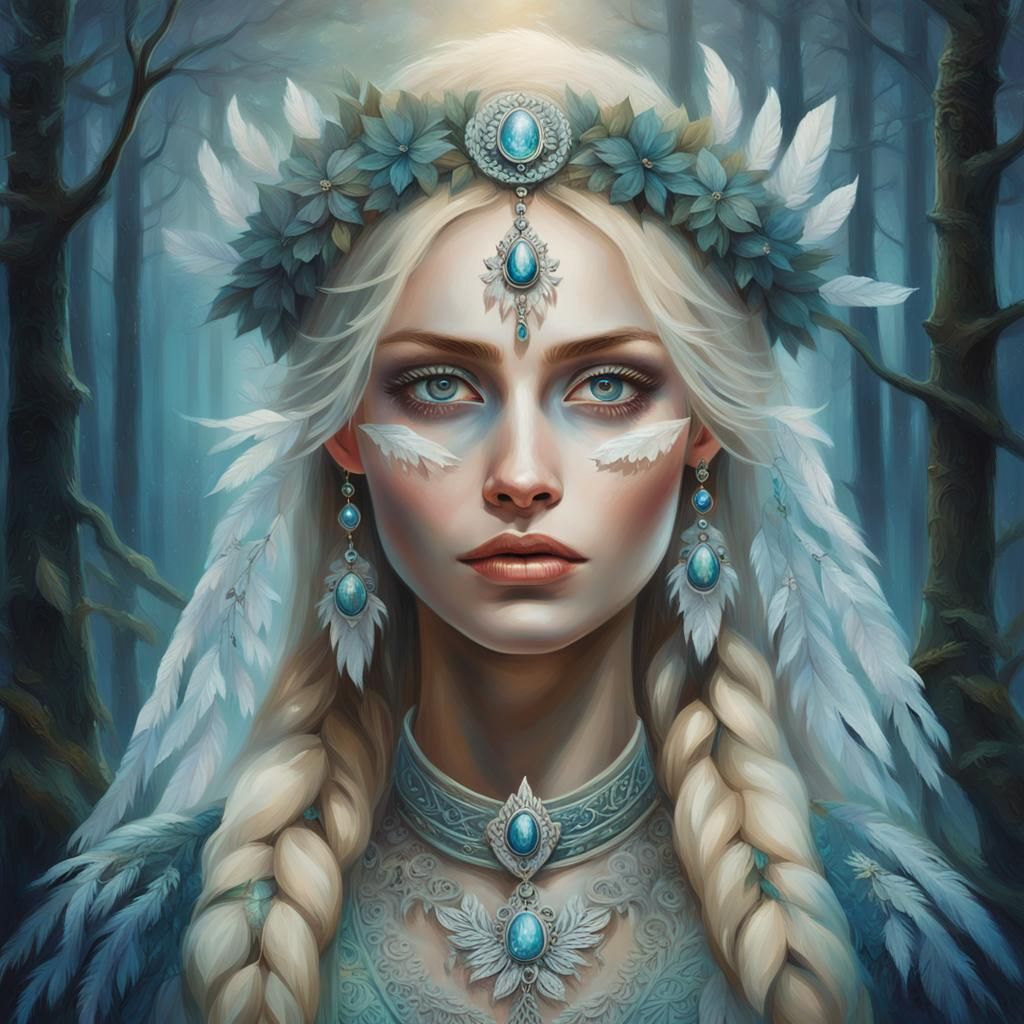 Slavic Beauty in Moonlit Forest: Oil Painting