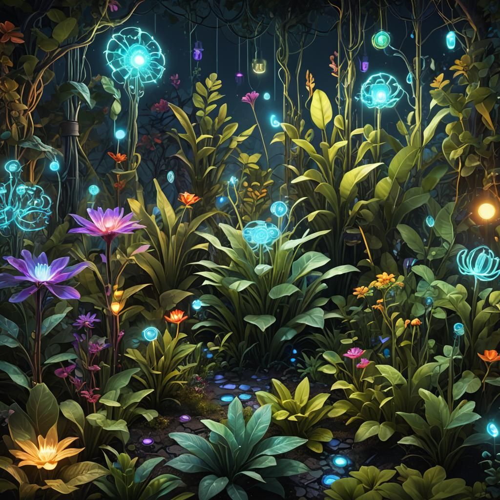 Bioluminescent Garden with Electronic Components: Detailed M...