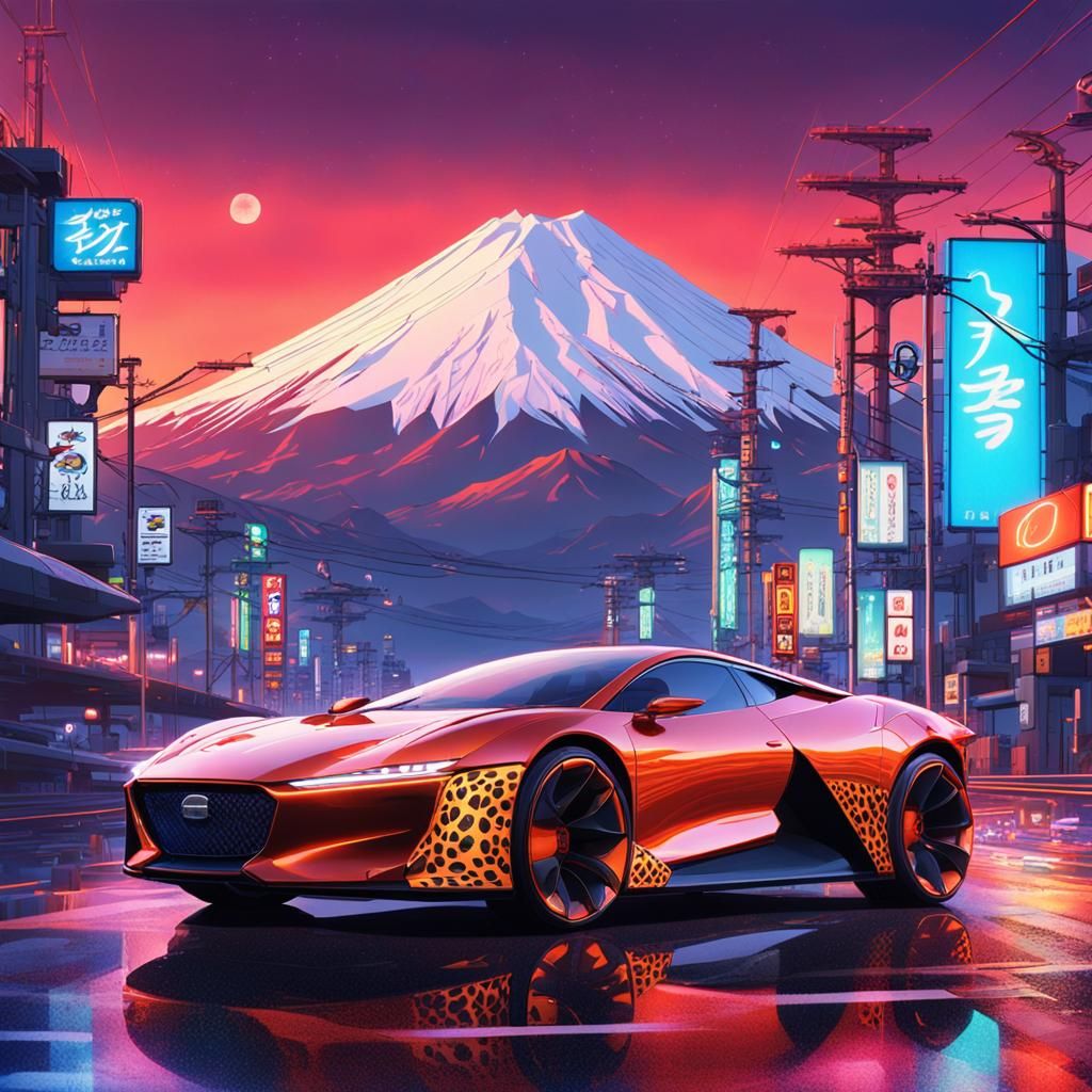 Futuristic Cheetah Car on Japan Highway: Sci-Fi Concept Art