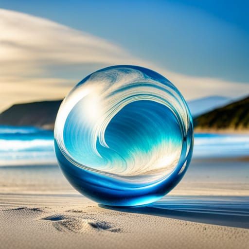 Ocean Waves in a Glass Orb on Beach