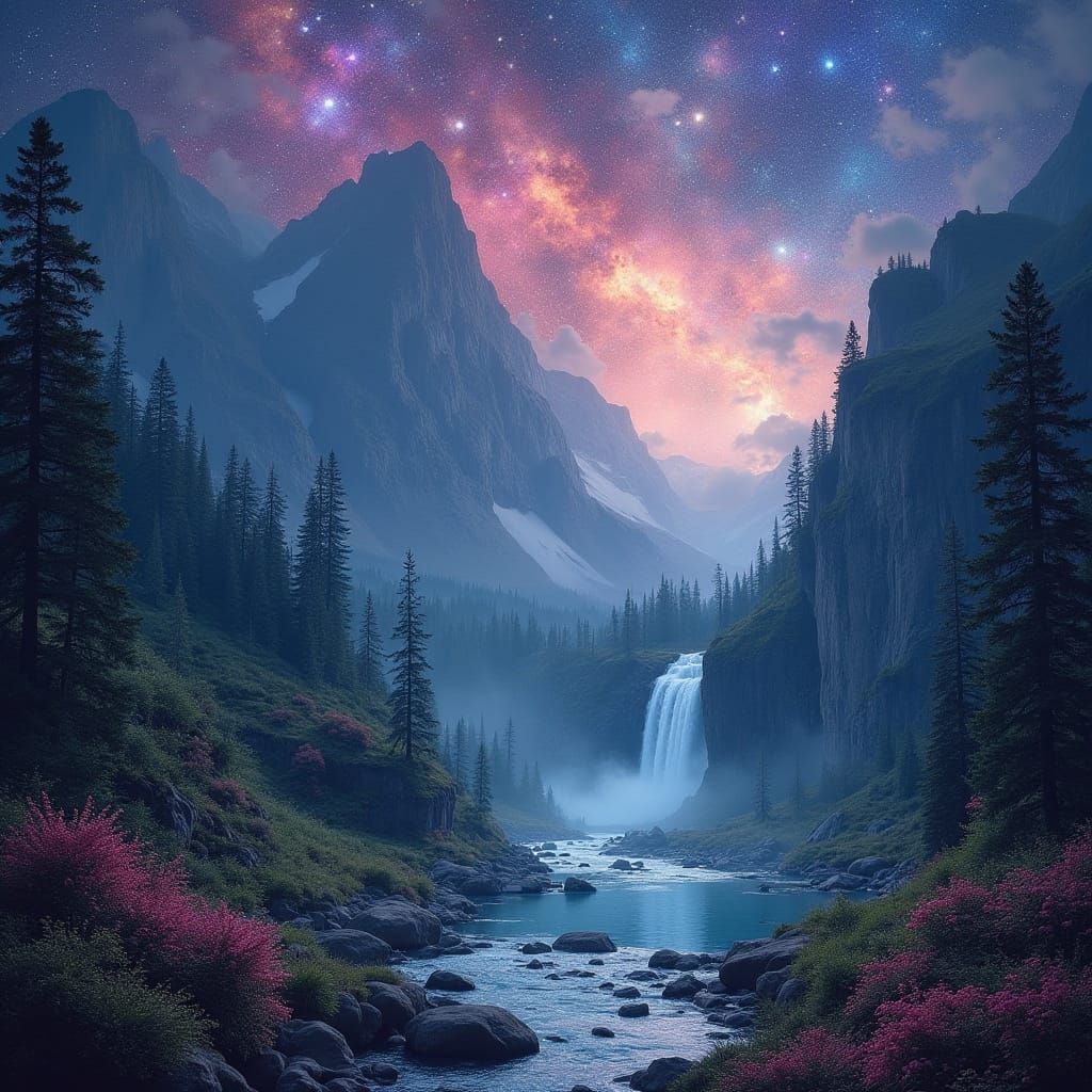 Dreamlike Mountain Valley in Cosmic Style