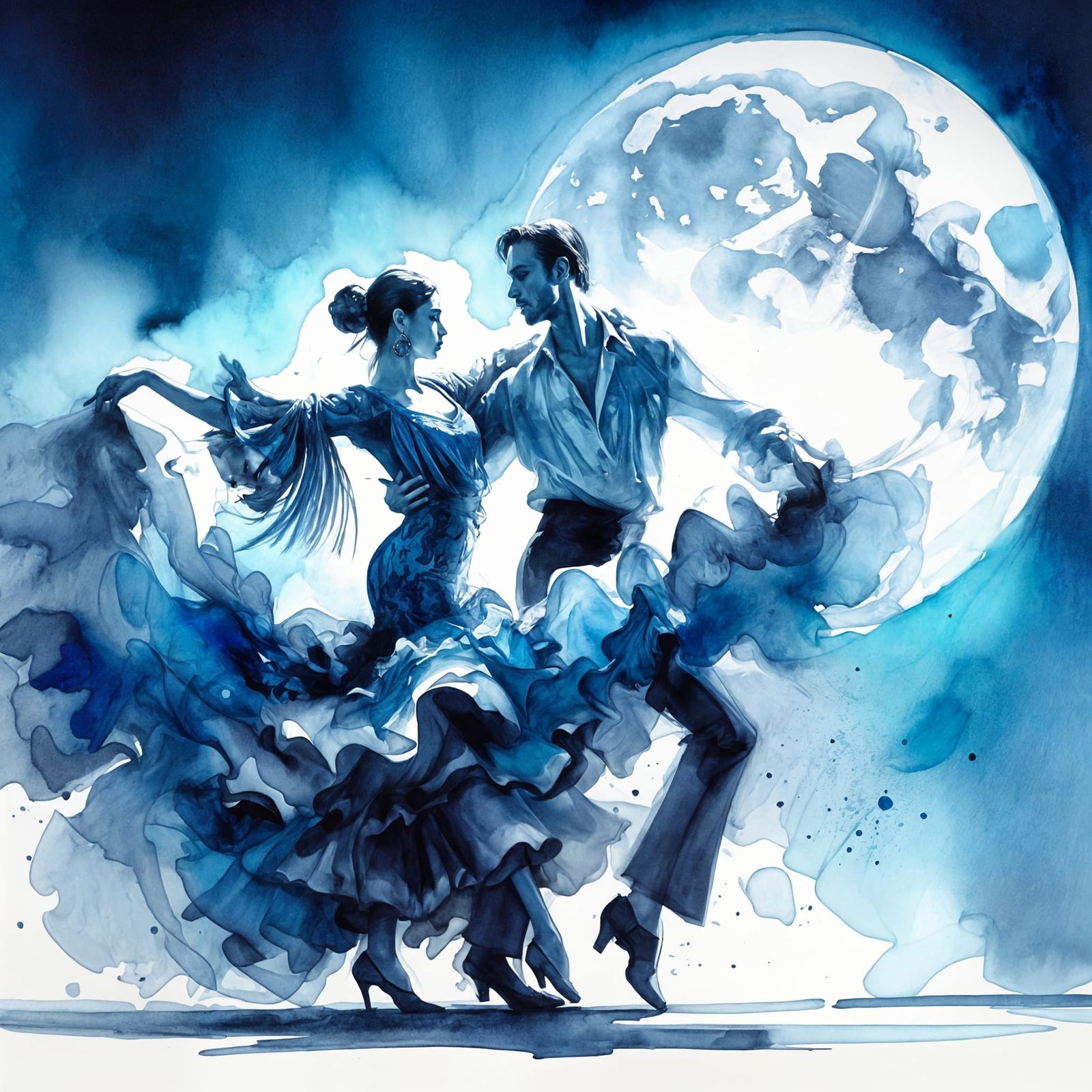 Flamenco Couple Under a Blue Full Moon