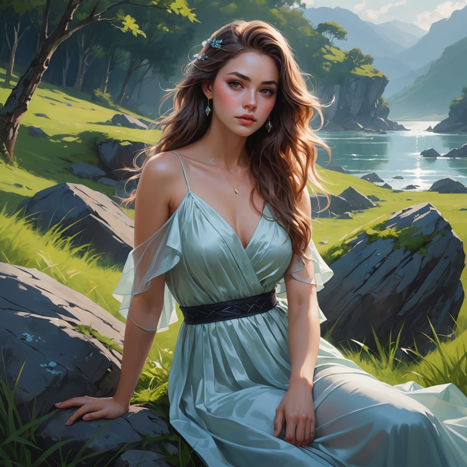 Ethereal Female Portrait with Flowing Hair, Digital Art