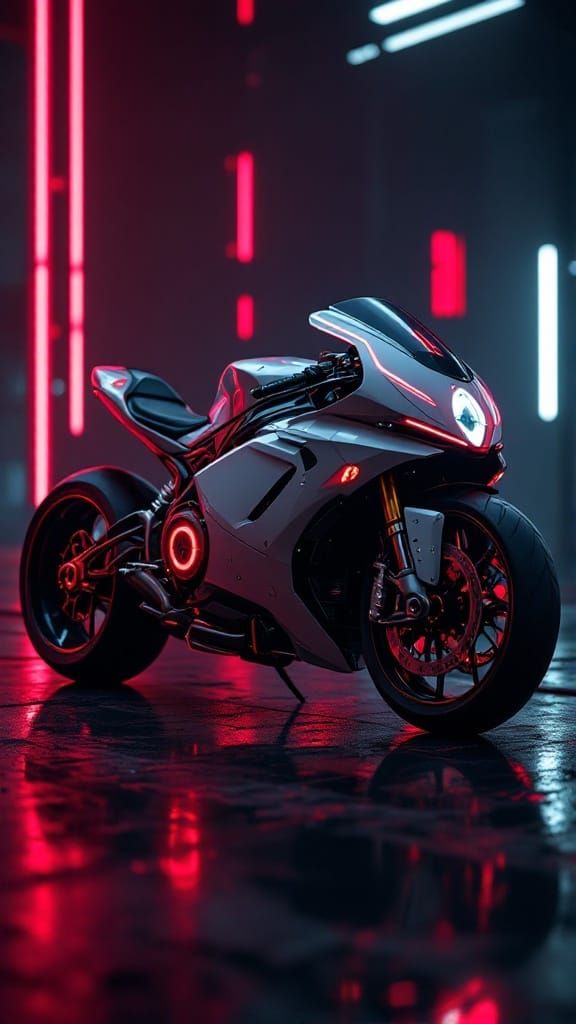 Futuristic Fire Engine Red Motorcycle in Neon-Lit Industrial...