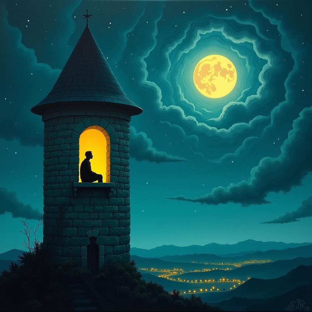 Magical Night: Man in Tower, Surrealist Painting